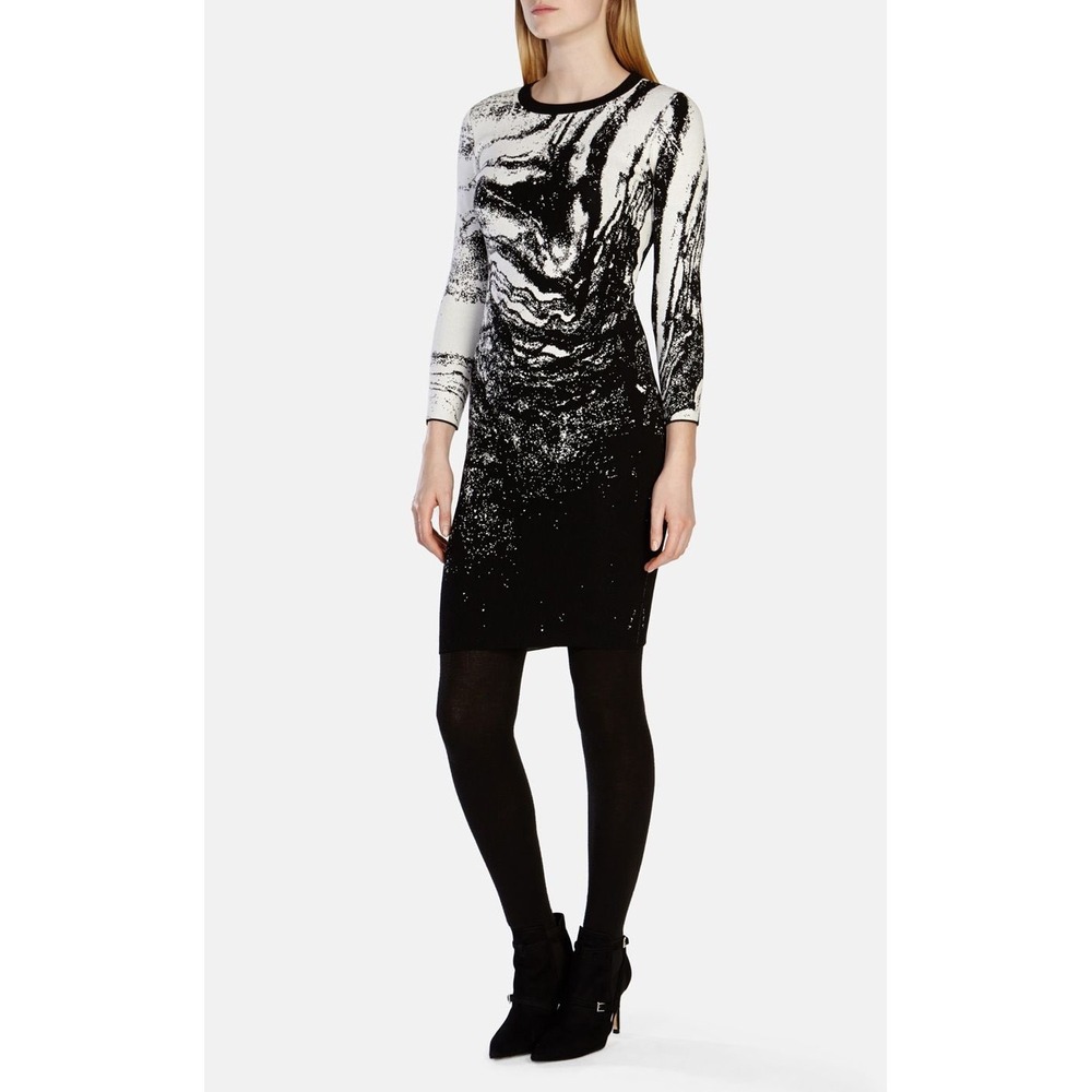 Karen Millen Black White Marble Knit Sheath Dress XS Long Sleeve Bodycon
